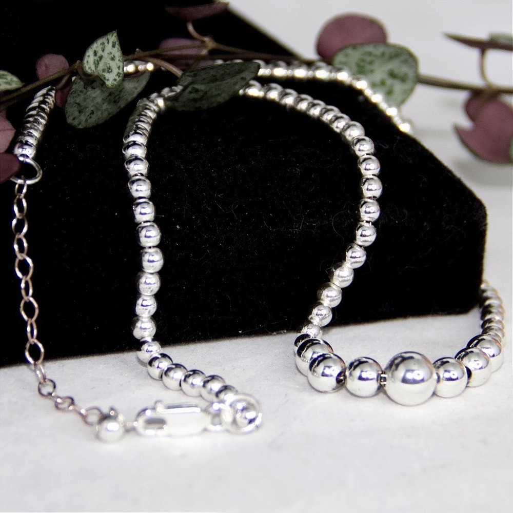 Sterling Silver 925 Graduated Bead Necklace 18" Adjustable Polished Ball Chain
